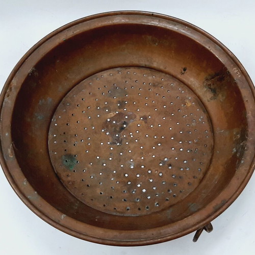 Vintage copper colander with brass ring handle, used, 30.5 cm
