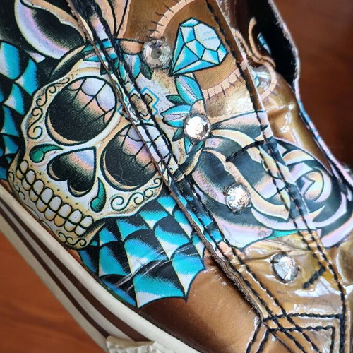 Cristian Audigier sneakers like new, brown patent leather with skull and rhinestones