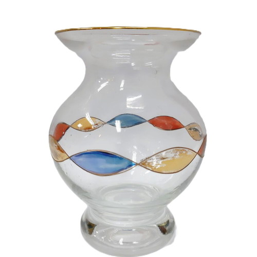 Small vintage glass vase handpainted with colorful braid French provincial style 14.5 cm