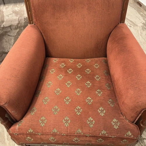 Classic armchairs set of 2 used, wooden frame, terracotta upholstery