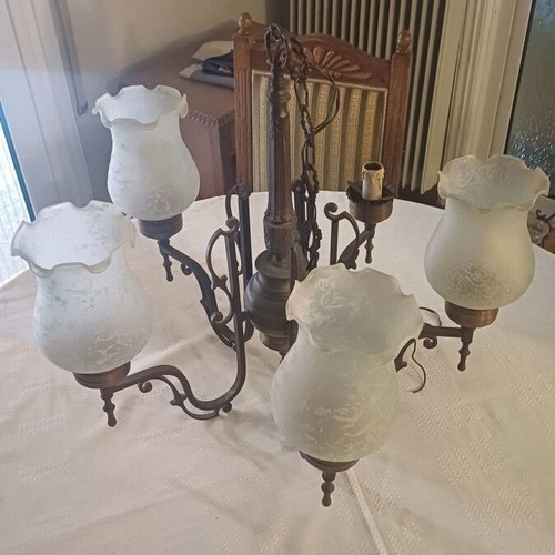 Antique chandeliers used, two pieces with missing crystal covers