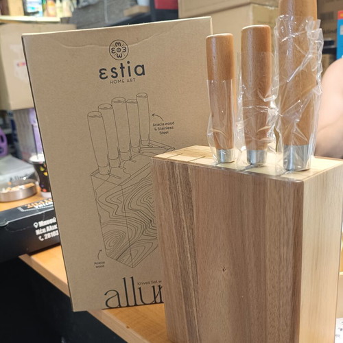 Knife block set with 5 knives, wood and stainless steel, new