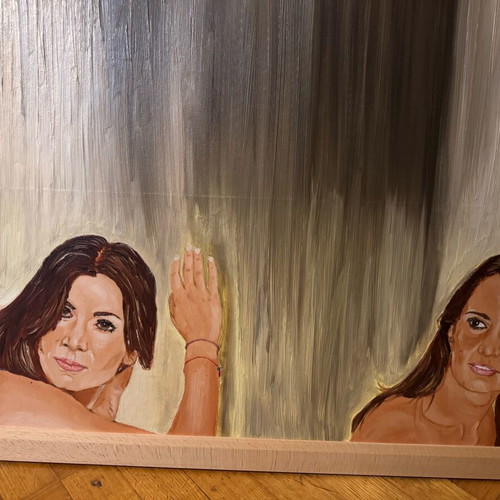 Oil painting on canvas with two photorealistic women's faces, new 70x50 cm
