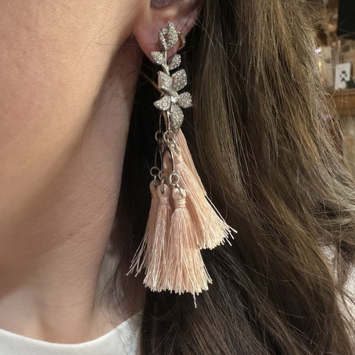 Earrings with zircon and pink tassels new, silver