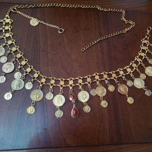 Bronze long multipurpose belt necklace with jasper and Elizabeth profile coins used, repaired