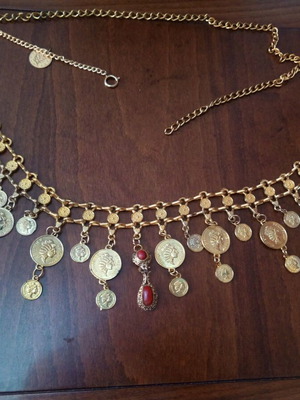 Bronze long multipurpose belt necklace with jasper and Elizabeth profile coins used, repaired