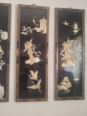 Asian wall decorations set of 4 black lacquer frames with mother-of-pearl details like new