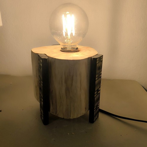 Handmade table lamp from natural pine wood with carved legs