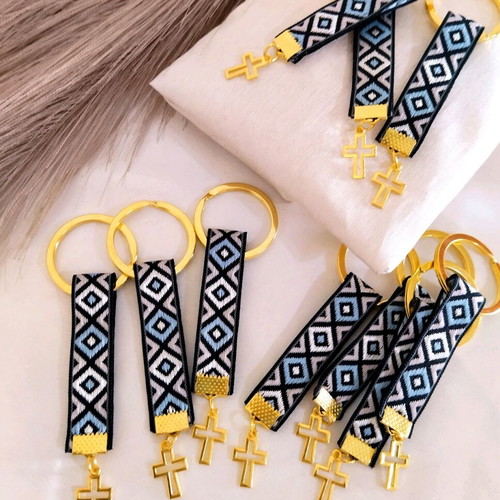 Handmade baptism favors keychains with ribbon and cross charm