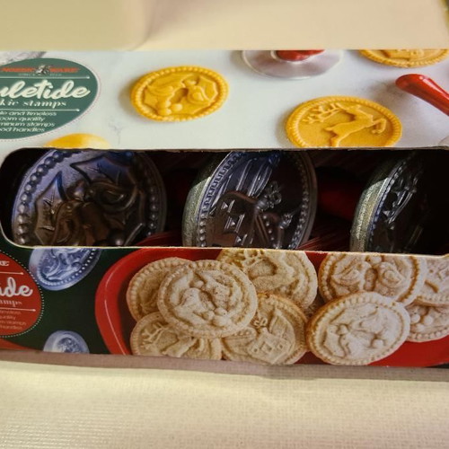 Nordic Ware cookie stamps new, Christmas designs, aluminum with wooden handles