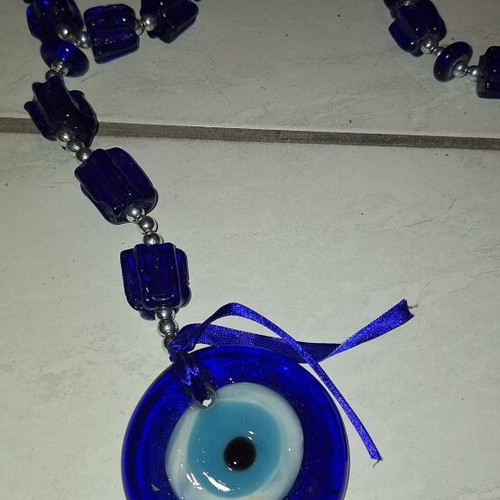 Glass Nazar Eye Hanging Decoration with Blue Beads, New