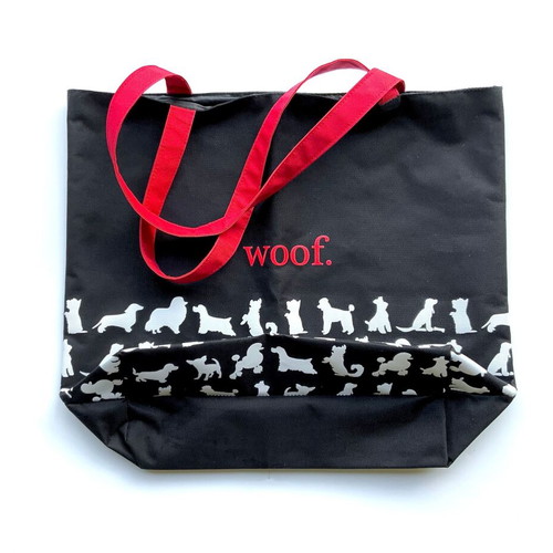 The WOOF Tote Bag new, black with white dog prints