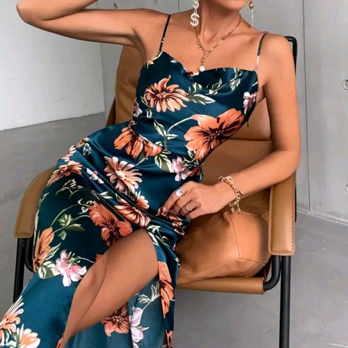 Floral satin drape neck split thigh teal dress size M 38 new