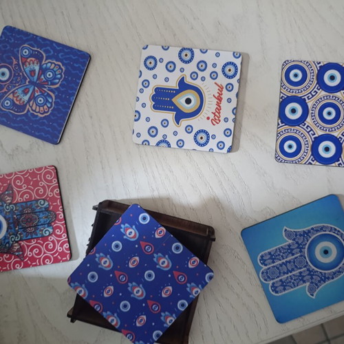 Wooden coasters with tarot designs in wooden case, new