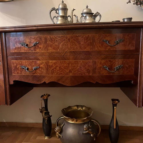 Vintage sideboard used with curved design and burl wood veneer