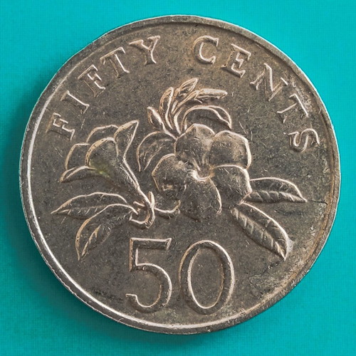 Singapore 50 cent coin used, 2007, flowers, emblem