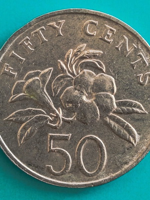 Singapore 50 cent coin used, 2007, flowers, emblem