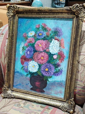 Still life with flowers painting used, ready to hang