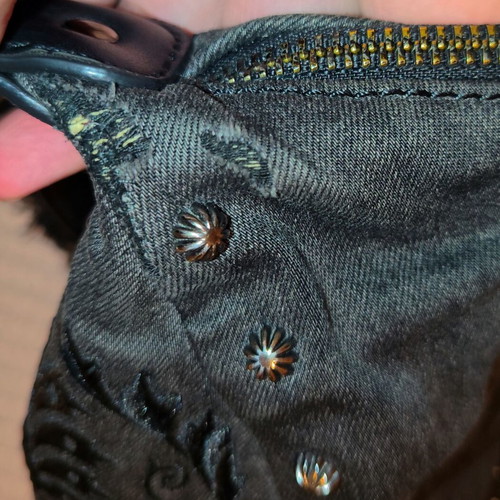 Desigual black grey denim crossbody bag used with embroidered flowers and studs