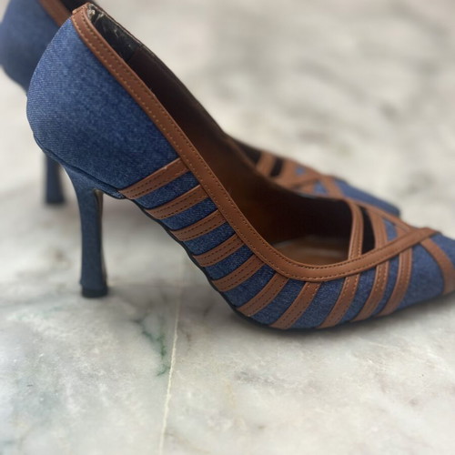 Denim pumps size 36, blue and brown