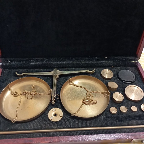 Vintage brass precision scale in wooden case with velvet lining and weights