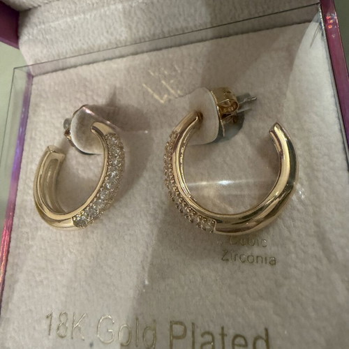 Meme London 18ct Gold Plated Cubic Zirconia Paved Hoop Earrings new, gold