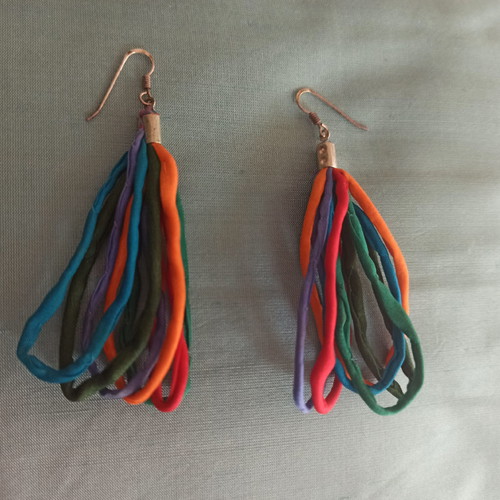 Handmade earrings with 925 silver and colorful silk ribbons like new