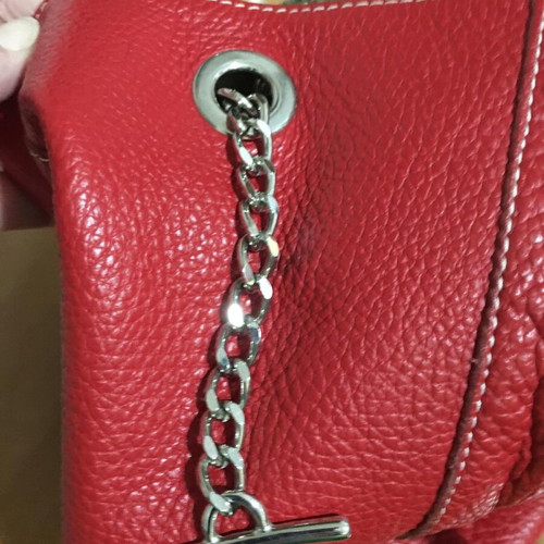 Red leather shoulder bag used with detachable wallet