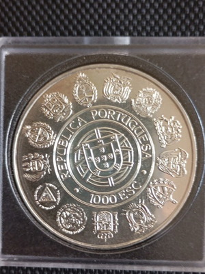 Silver 1000 Escudos Portugal 1992 coin like new, 27g 40mm