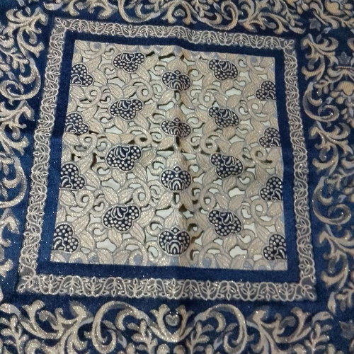 Large blue and gold tablecloth with tassels like new