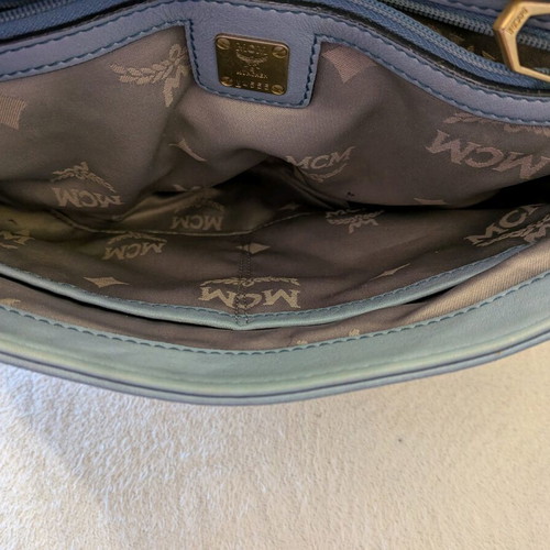 MCM shoulder bag used, leather, turquoise, 35x23 cm