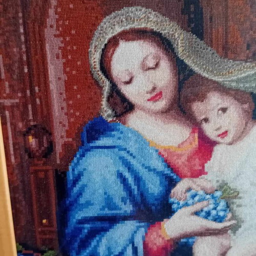 Tapestry Madonna with grapes like new with wooden frame and DMC threads