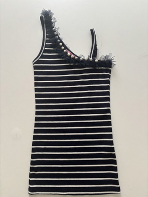 Striped navy and white top with tulle and pearl details, XS