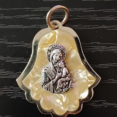 Vintage Orthodox Panagia Vrefokratousa pendant with mother of pearl effect