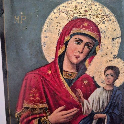 Icon of Theotokos with Christ Child used, oil on metal surface 1921