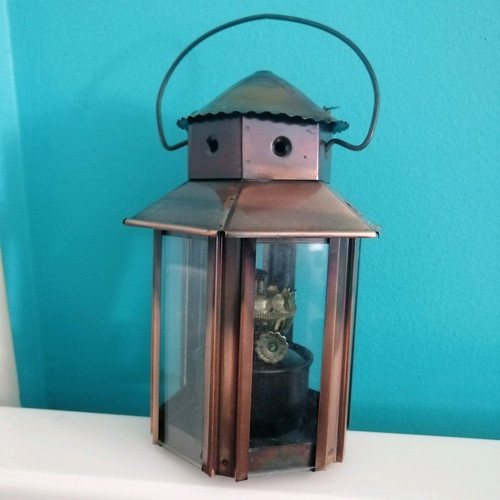 Copper lantern like new, hexagonal with glass panels