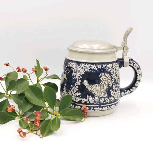 Vintage ceramic beer stein used with pewter lid, 500 ml