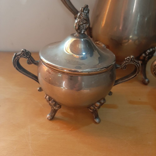 Vintage silver-plated tea set used, 3 pieces with carved details