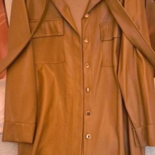 Leather coat with gold buttons and belt, like new, asymmetrical