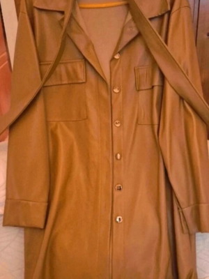 Leather coat with gold buttons and belt, like new, asymmetrical