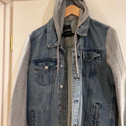 Jean jacket with cotton sleeves used, size S, blue