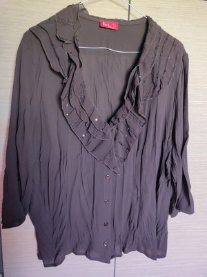 Women's shirt brown with ruffles at V neck and crinkled fabric