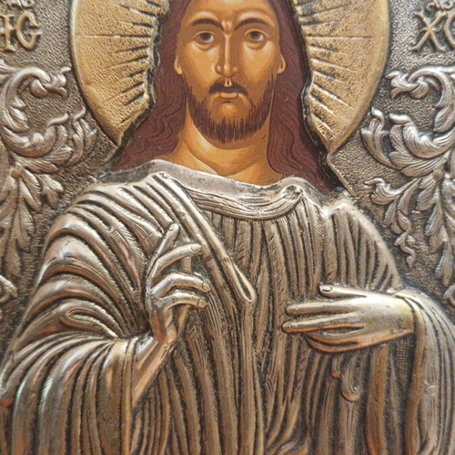 Handmade silver icon of Christ like new, Byzantine art style