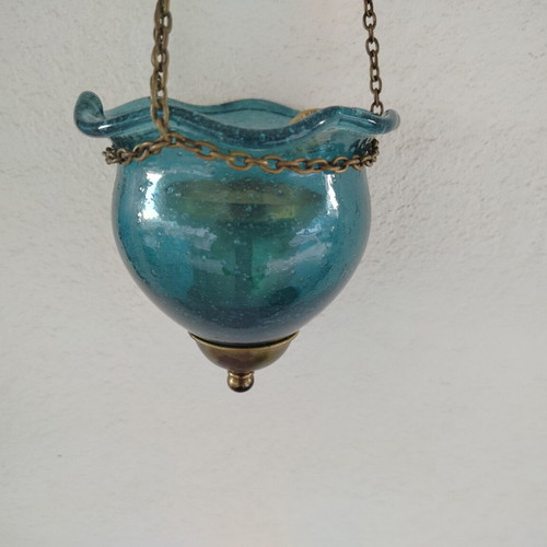 Hanging Oil Lamp Used, Free Blown Glass with Metal Chain