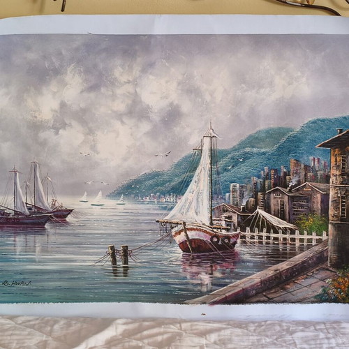 Large Oil Painting on Canvas Seascape 96×68 cm by B. HWAN