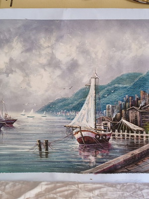 Large Oil Painting on Canvas Seascape 96×68 cm by B. HWAN