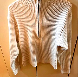 Καινούργιο ριμπ pullover πουλόβερ H&M με χαμηλό λαιμό και φερμουάρ χρώμα κρεμ, size L