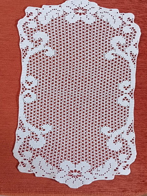 Crocheted table doily white with cotton butterfly, new