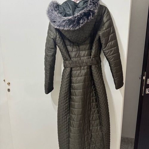 Long quilted jacket with hood like new, khaki, size L