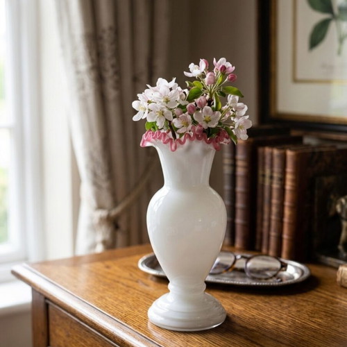 Vintage milk glass vase with pink ruffled rim, 22 cm